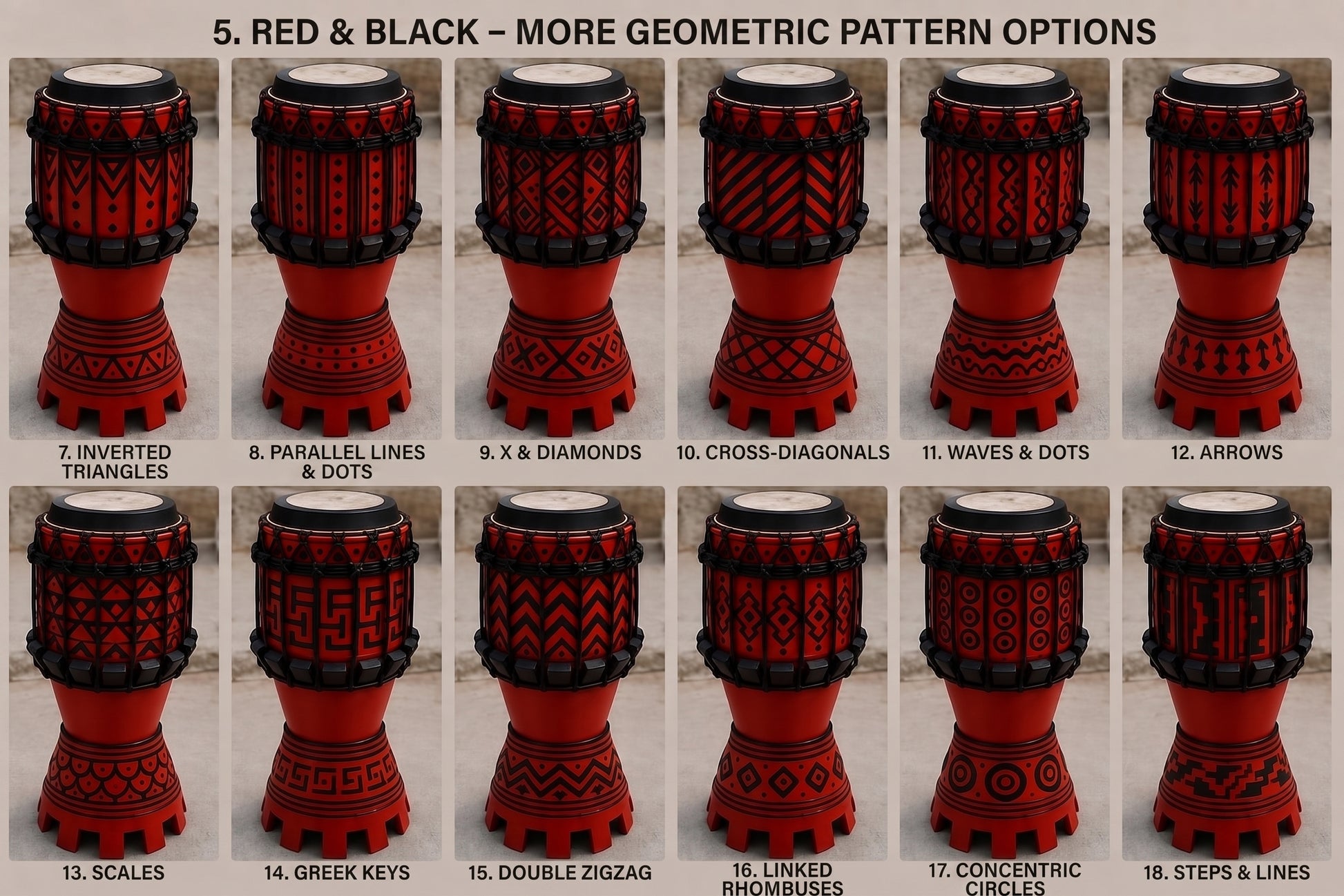 ATABAQUE RED BLACK  - Pyrography-decorated